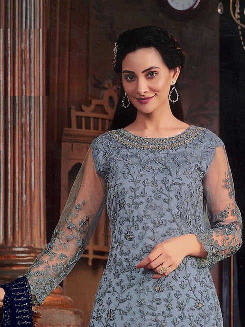 Sky Blue Heavy Butterfly Net Palazzo Suit 192360 Closure View