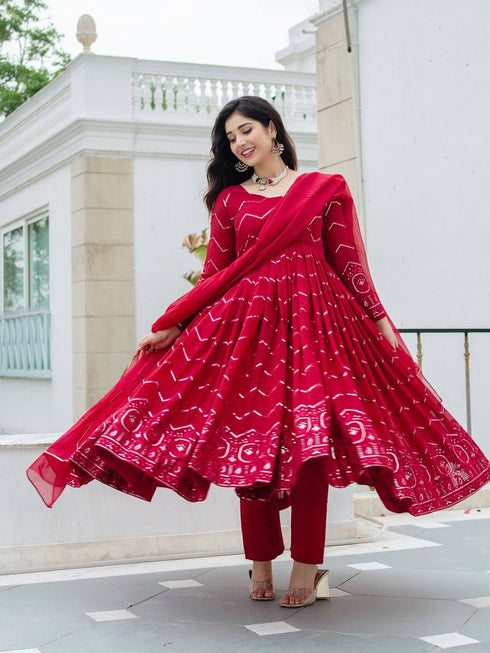Red Faux Georgette Anarkali Dress 192363 Closure View