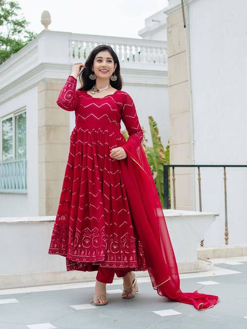 Red Faux Georgette Anarkali Dress 192363