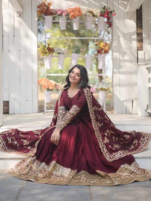 Wine Vichitra Shimmer Anarkali Dress 192376 Back View