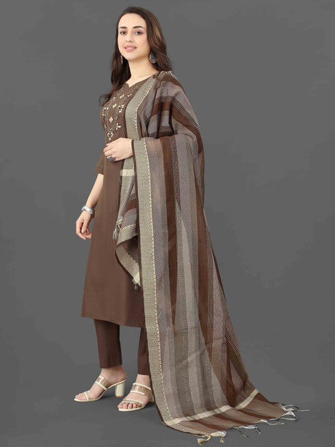 Coffee Cotton Blend Pant Suit 192378 Closure View