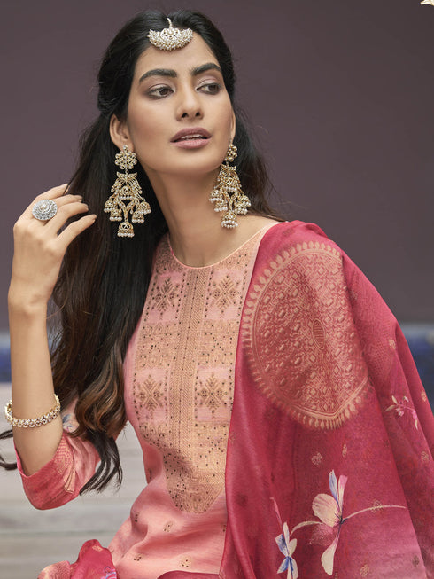 Pink Chanderi Jacquard Pant Suit 192391 Closure View