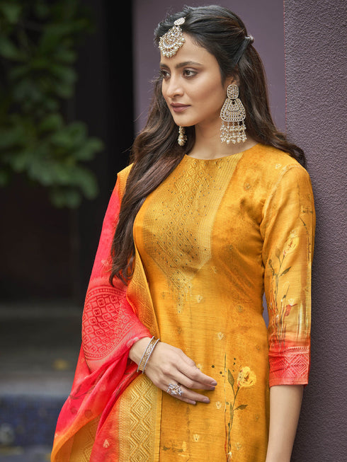 Mustard Chanderi Jacquard Pant Suit 192395 Closure View