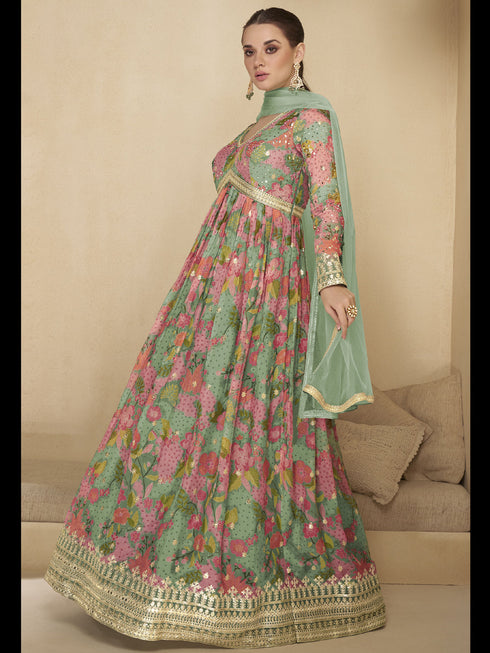 Multi Real Georgette Anarkali Dress 192405 Closure View