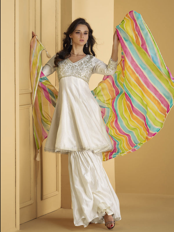 White Pure Silk Sharara Suit 192408