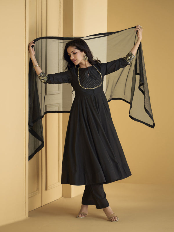 Black Pure Silk Sharara Suit 192410