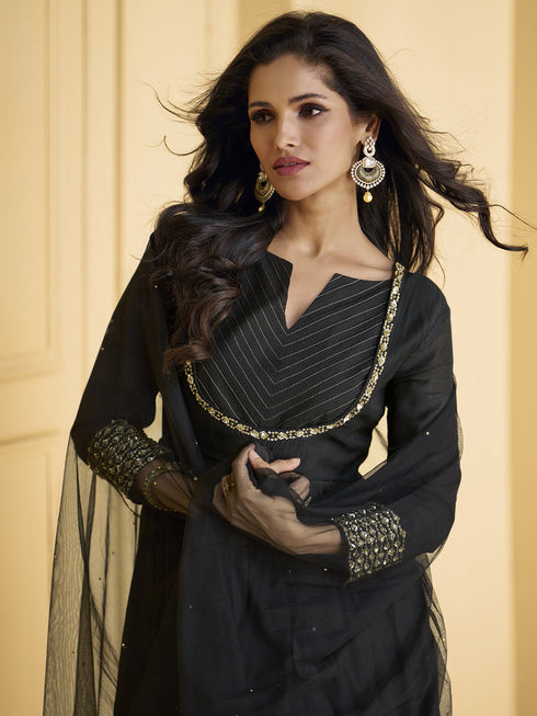 Black Pure Silk Sharara Suit 192410 Closure View