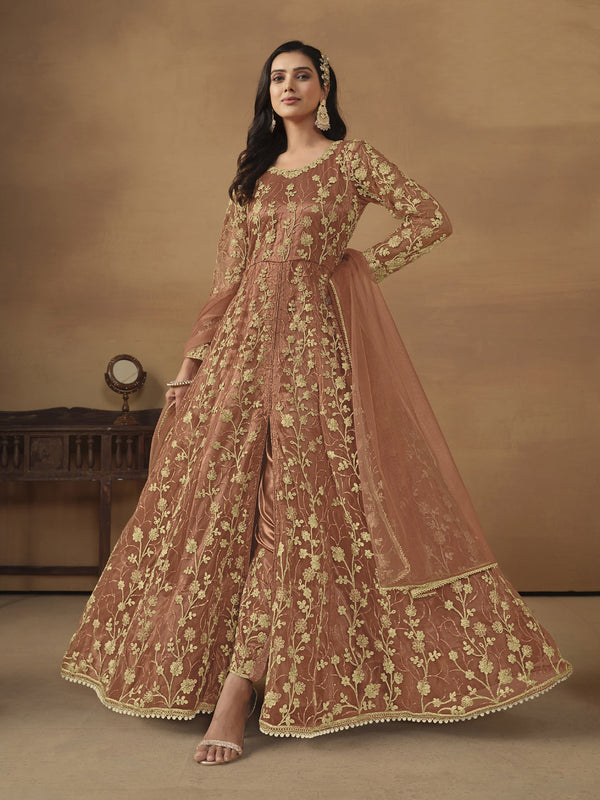 Coffee Brown Net Anarkali Dress 192414