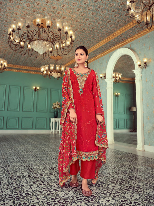 Red Real Georgette Pant Suit 192441