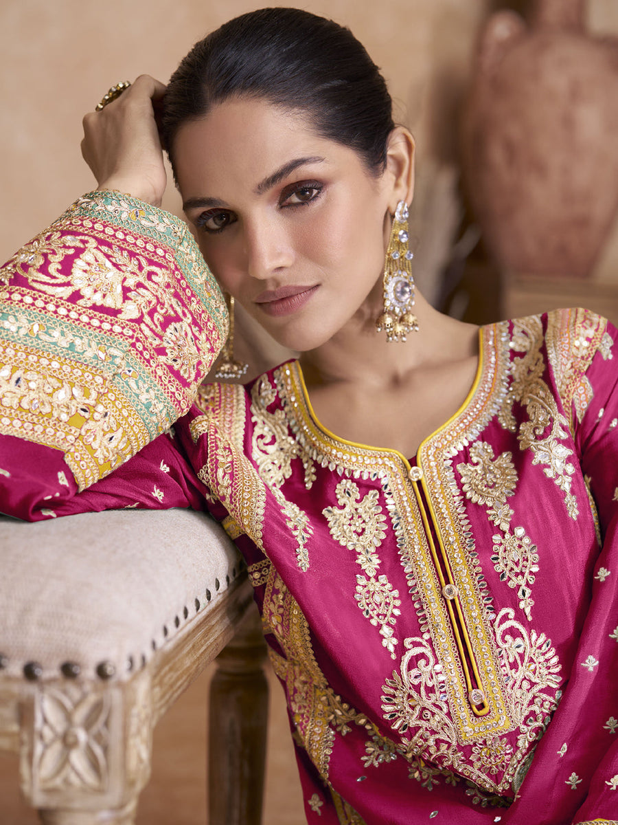 Rani Pink Embroidered Chinnon Wedding Style Palazzo Suit