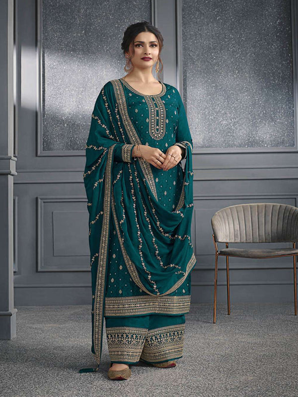 Teal Dola Jacquard Silk Palazzo Suit 192608