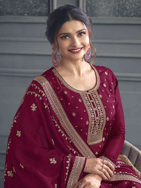 Wine Dola Jacquard Silk Palazzo Suit 192609 Closure View