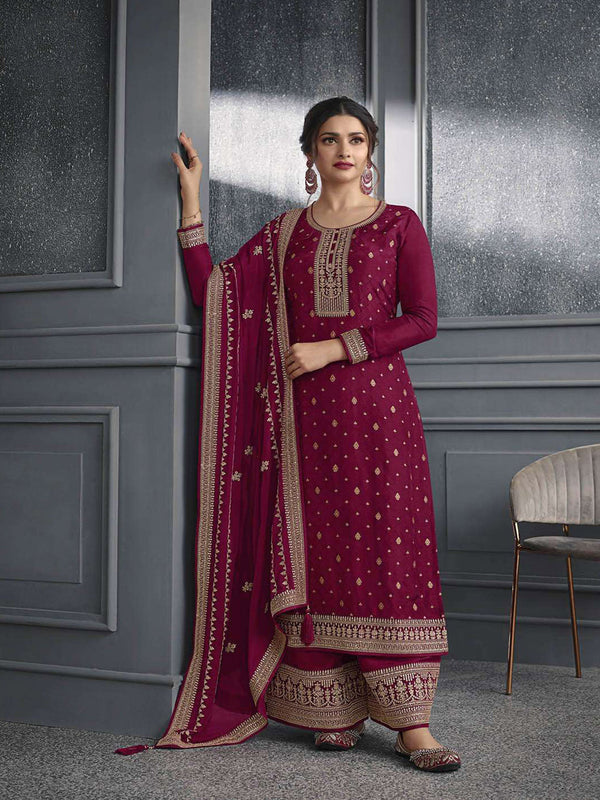 Wine Dola Jacquard Silk Palazzo Suit 192609