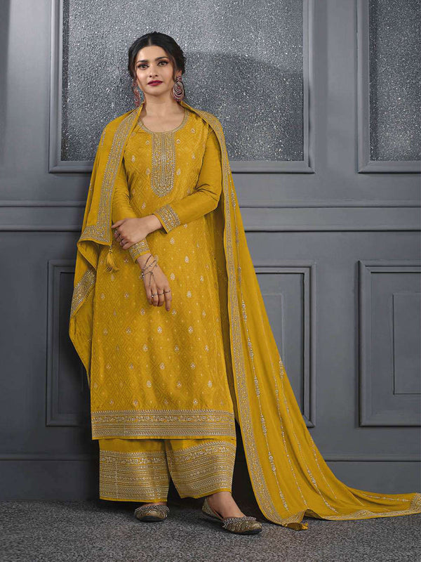 Yellow Dola Jacquard Silk Palazzo Suit 192610