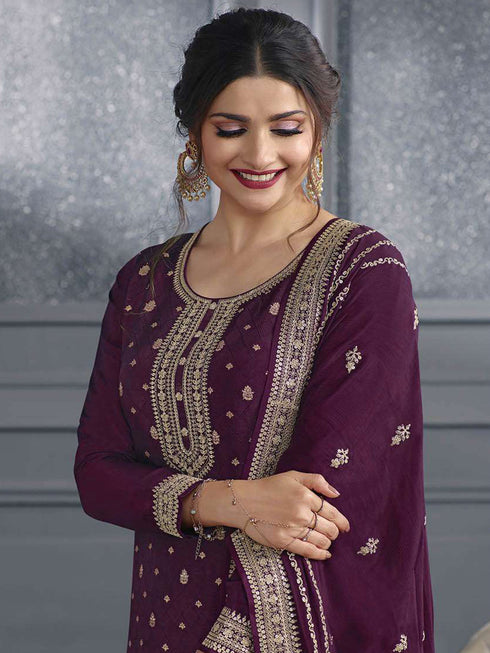 Purple Dola Jacquard Silk Palazzo Suit 192612 Closure View