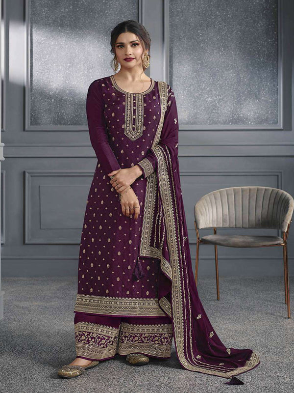 Purple Dola Jacquard Silk Palazzo Suit 192612