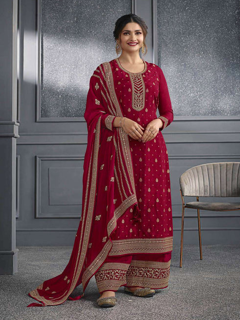 Maroon Dola Jacquard Silk Palazzo Suit 192614