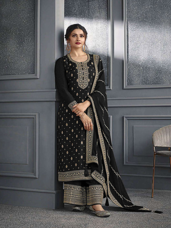 Black Dola Jacquard Silk Palazzo Suit 192615