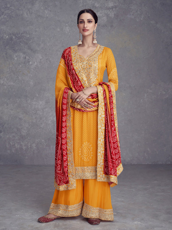 Mustard Heavy Chinon Silk Palazzo Suit 192616