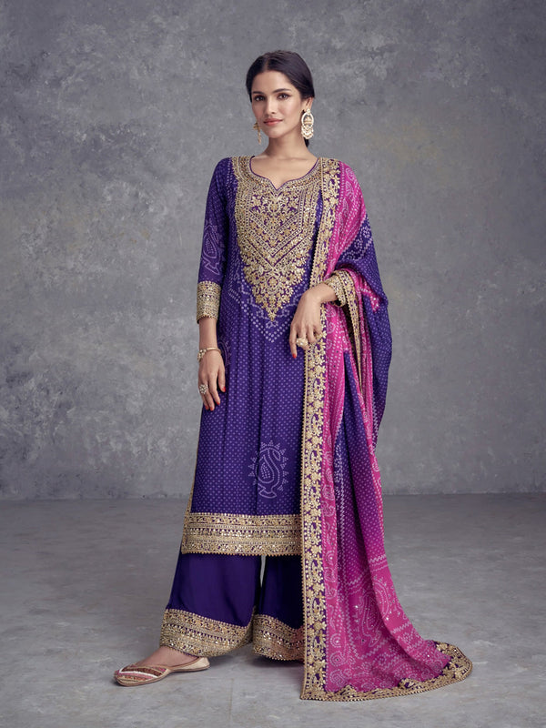 Purple Heavy Chinon Silk Palazzo Suit 192617