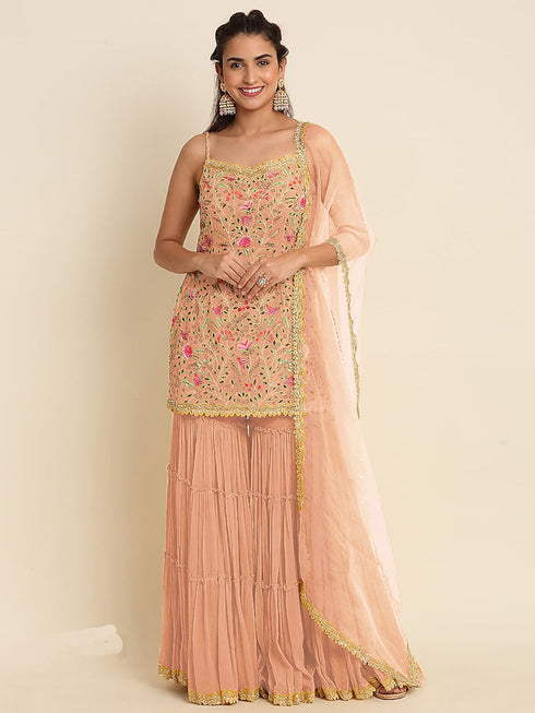 Peach Heavy Fox Georgette Sharara Suit 192620