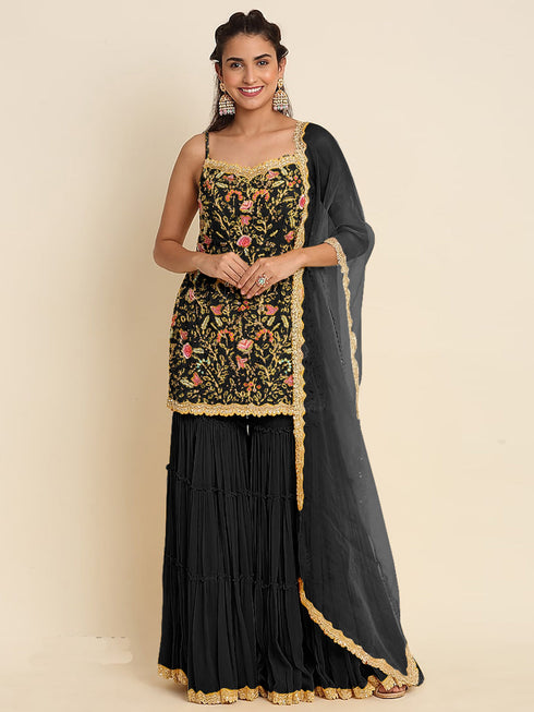 Black Heavy Fox Georgette Sharara Suit 192621