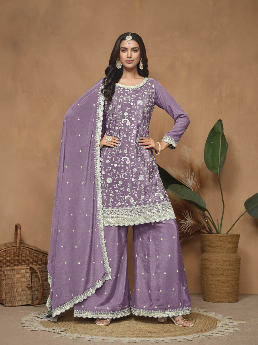 Red Embellished Chinon Palazzo Suit Set With Dupatta