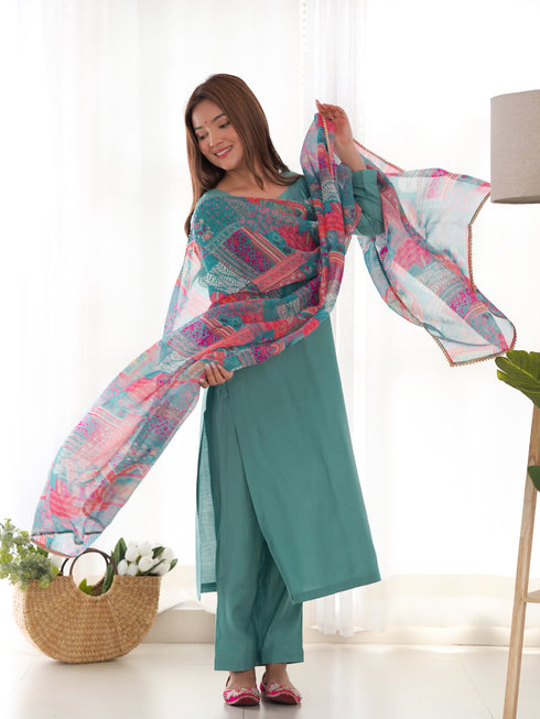 Sea Green Pure Viscose Pant Suit 192654 Closure View