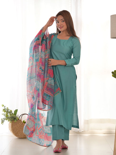 Sea Green Pure Viscose Pant Suit 192654