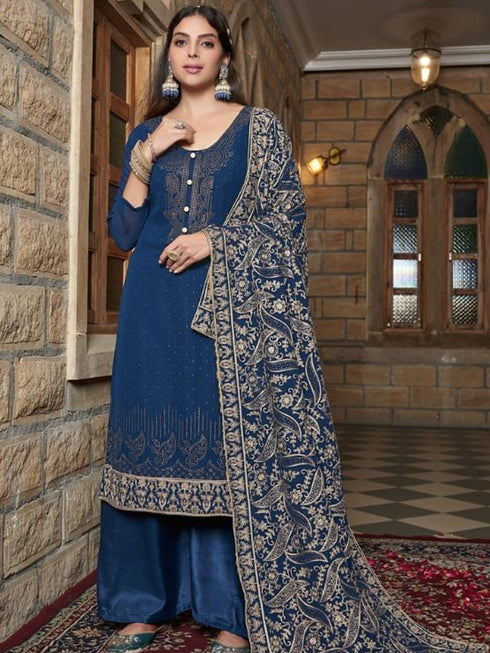 Navy Blue Heavy Georgette Palazzo Suit 192688