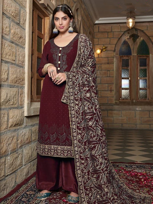 Maroon Heavy Georgette Palazzo Suit 192689