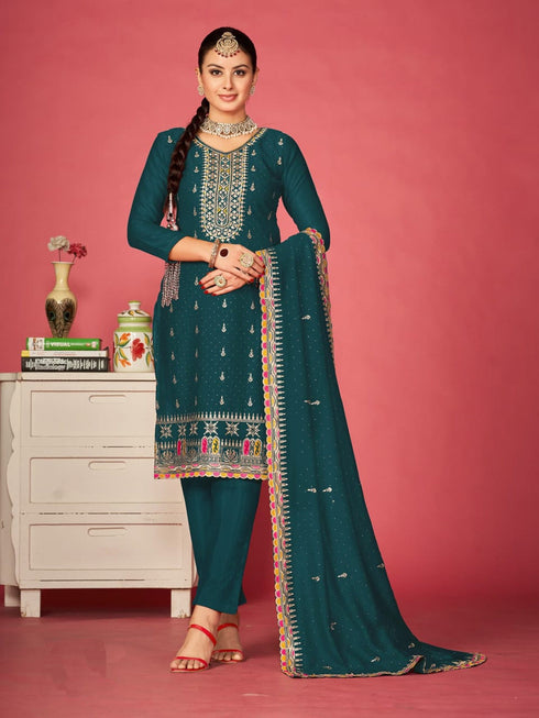 Teal Vichitra Blooming Pant Suit 192699