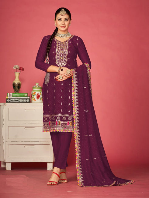 Wine Vichitra Blooming Pant Suit 192701