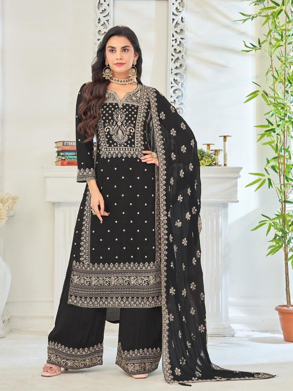 Black Heavy Chinon Silk Palazzo Suit 192807