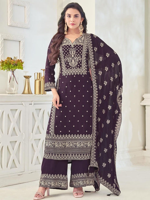 Purple Heavy Chinon Silk Palazzo Suit 192809