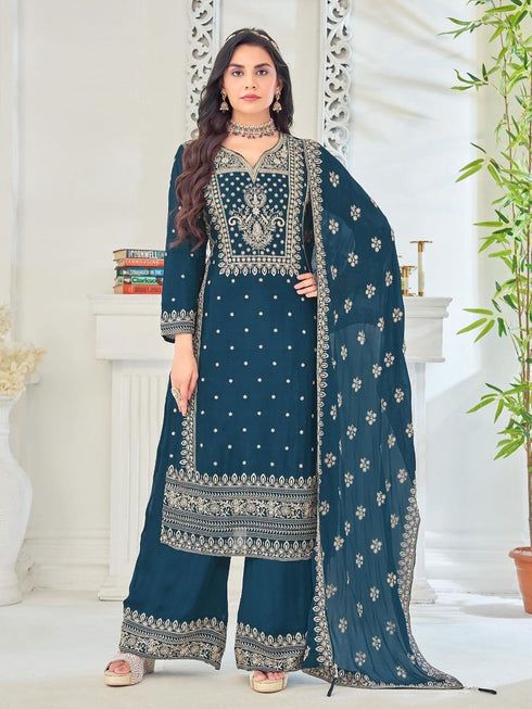 Teal Heavy Chinon Silk Palazzo Suit 192810