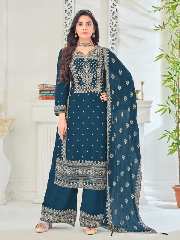 Teal Heavy Chinon Silk Palazzo Suit 192810