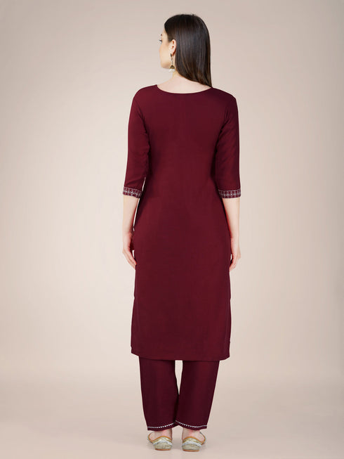 Maroon Cotton Blend Pant Suit 192811 Salwar Kameez