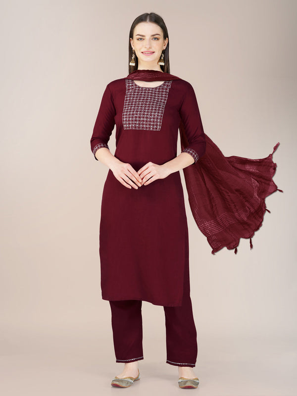 Maroon Cotton Blend Pant Suit 192811