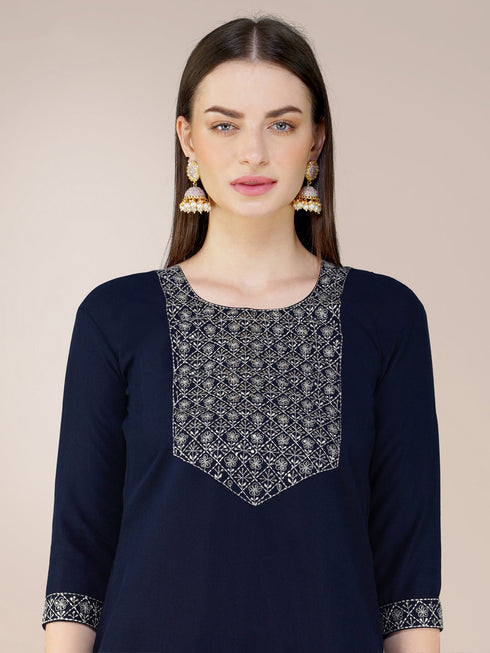 Navy Blue Cotton Blend Pant Suit 192814 Back View