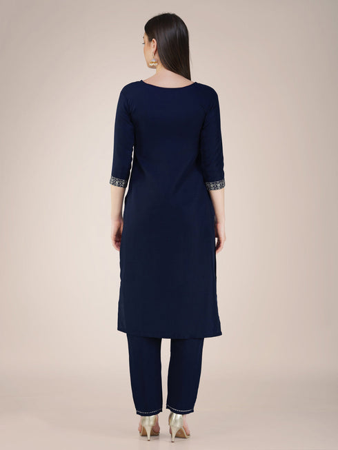 Navy Blue Cotton Blend Pant Suit 192814 Salwar Kameez