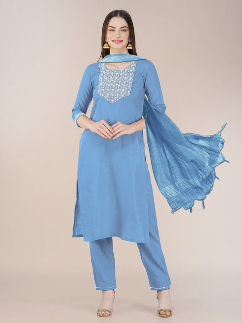 Sky Blue Cotton Blend Pant Suit 192815