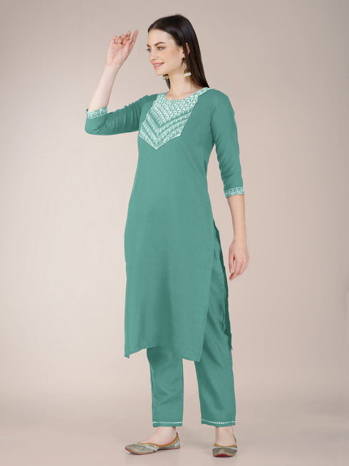 Teal Cotton Blend Pant Suit 192816 Closure View
