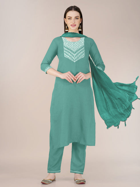Teal Cotton Blend Pant Suit 192816