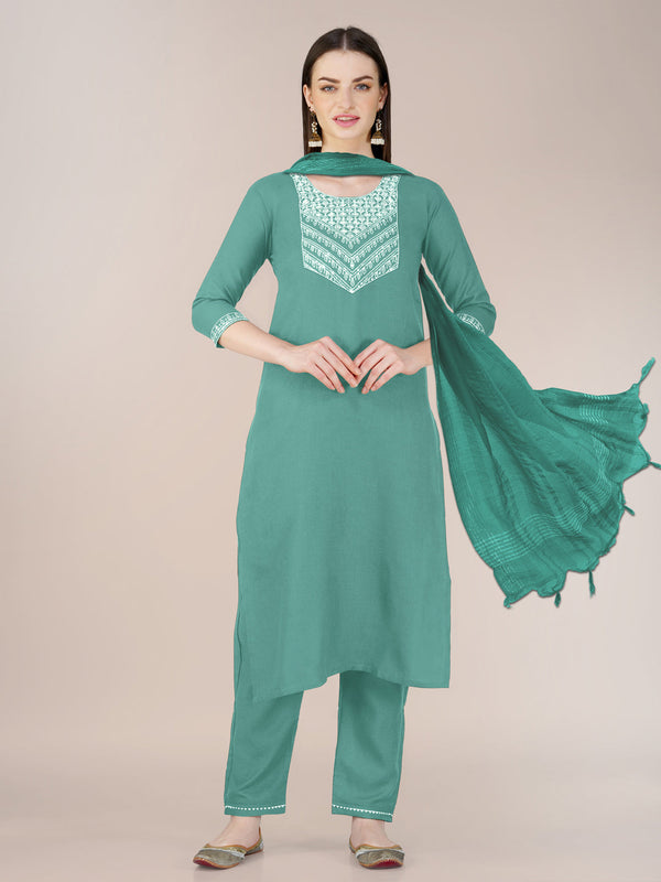 Teal Cotton Blend Pant Suit 192816
