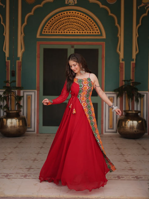 Maroon Navratri Special Heavy Readymade Faux Blooming Gown Collection Closure View