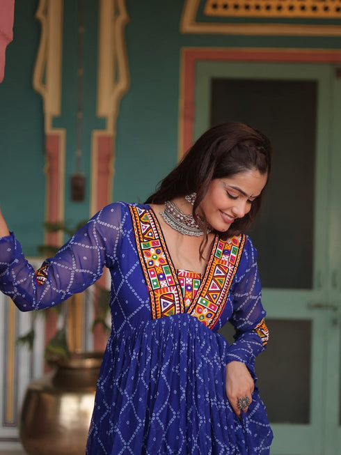 Navy Blue Navratri Special Heavy Readymade Faux Georgette Gown Collection Salwar Kameez