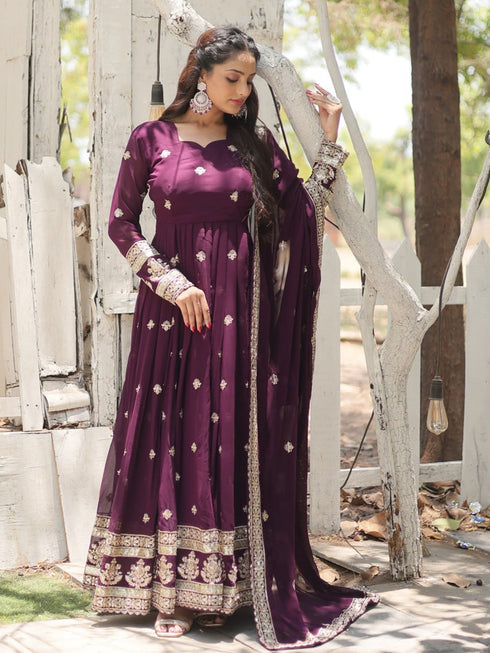 Purple Faux Blooming Anarkali Dress 192884 Closure View