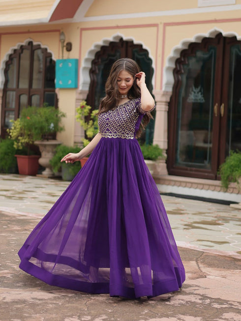 Purple Premium Festive Wear Readymade Faux Blooming Gown Collection Closure View