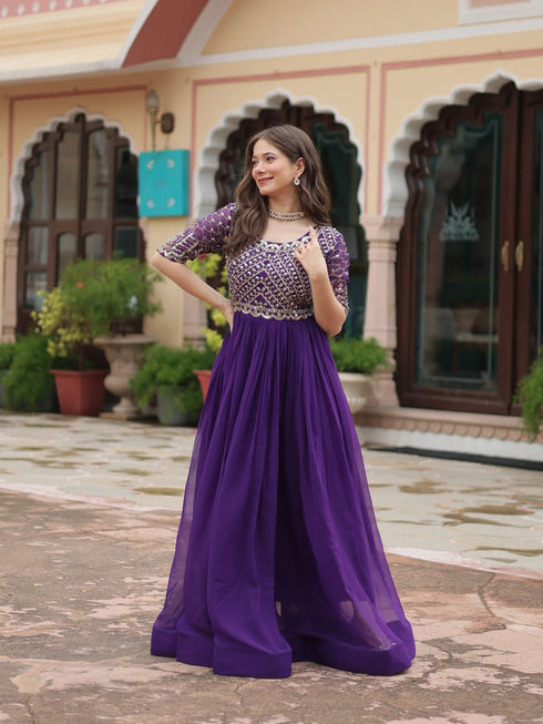 Purple Premium Festive Wear Readymade Faux Blooming Gown Collection